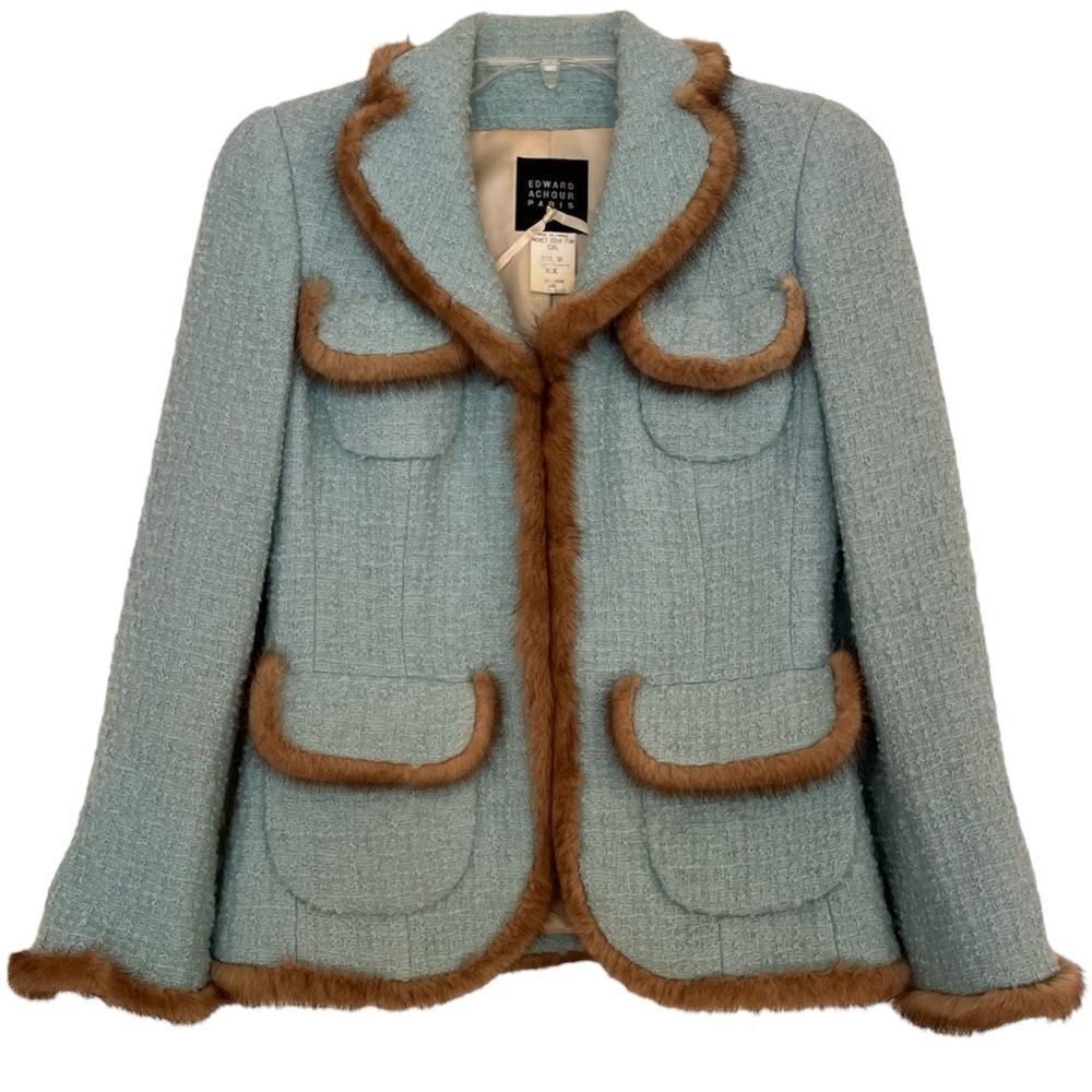 Edward Achour Paris Tweed Jacket Size 38 Mink Fur Trim Blue Made in France US 6